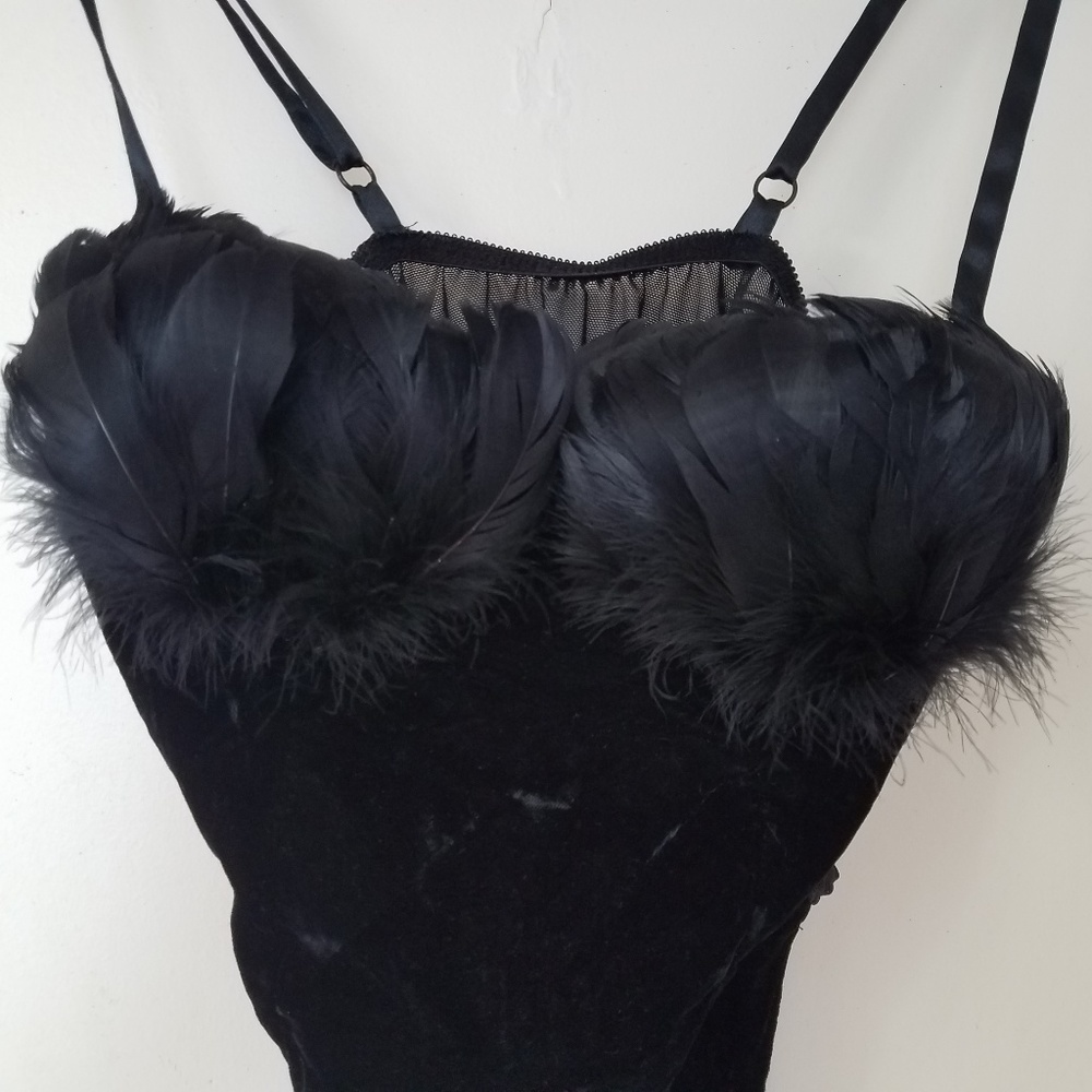 V. SECRET Ostrich Feather Velvet Bodysuit XS S 34B